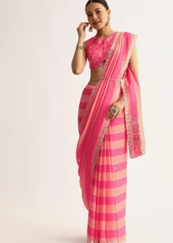 Peach Pink Mirrorwork Cutdana Work Georgette Saree