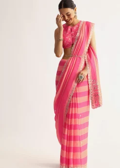 Peach Pink Mirrorwork Cutdana Work Georgette Saree