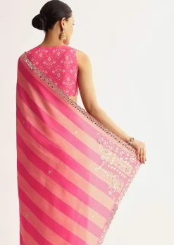 Peach Pink Mirrorwork Cutdana Work Georgette Saree