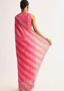 Peach Pink Mirrorwork Cutdana Work Georgette Saree