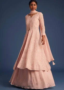 Peach Pink Organza Kurta Set With Chinon Skirt