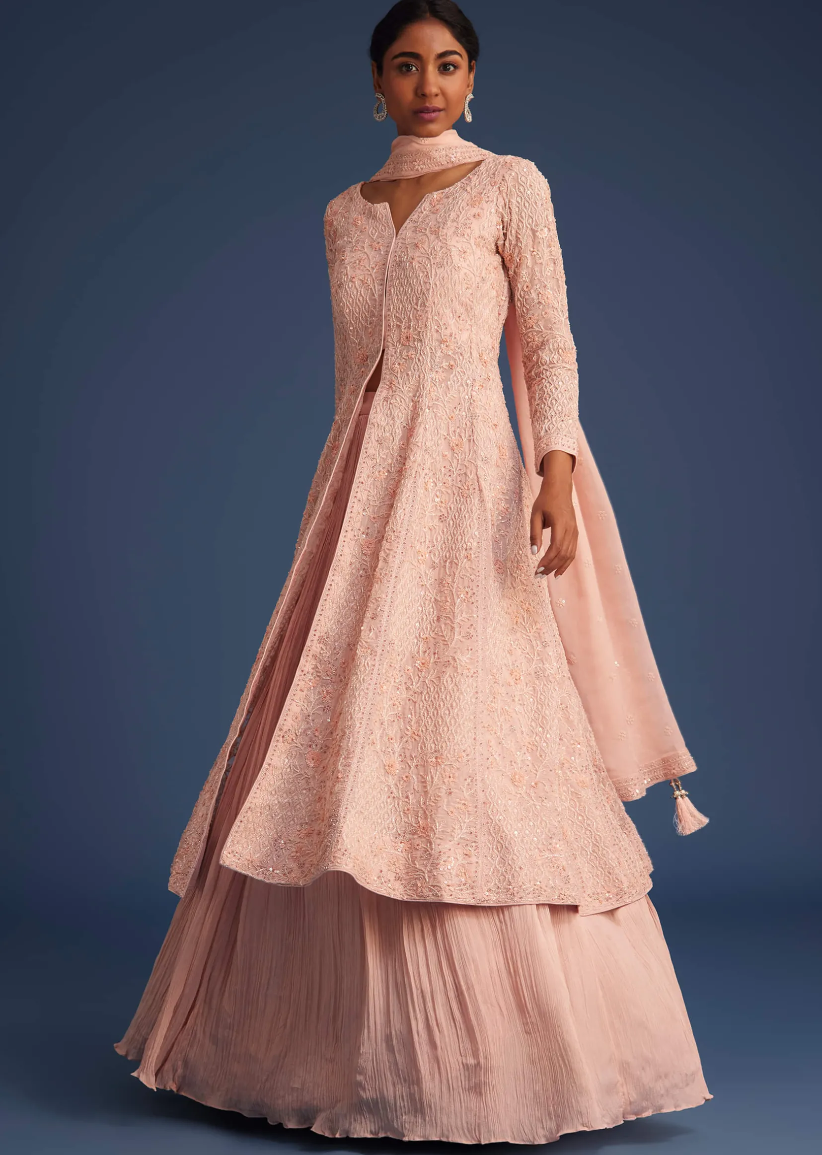 Peach Pink Organza Kurta Set With Chinon Skirt