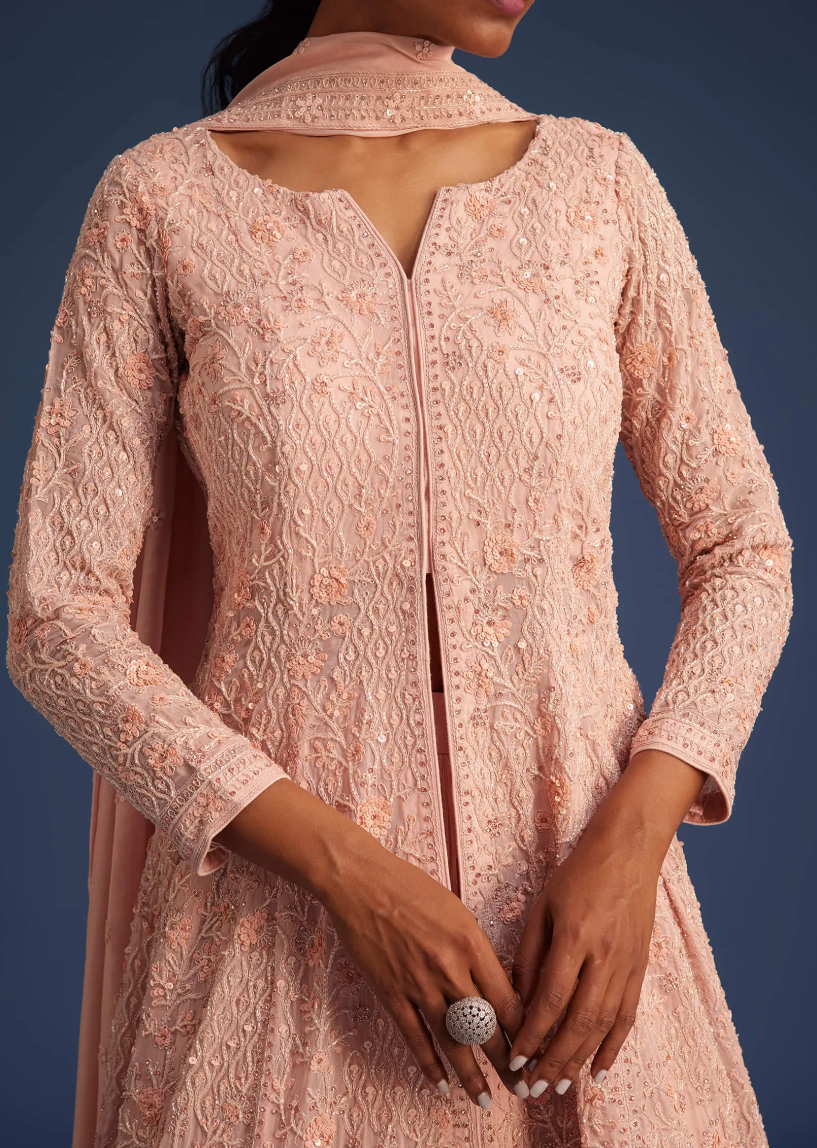 Peach Pink Organza Kurta Set With Chinon Skirt