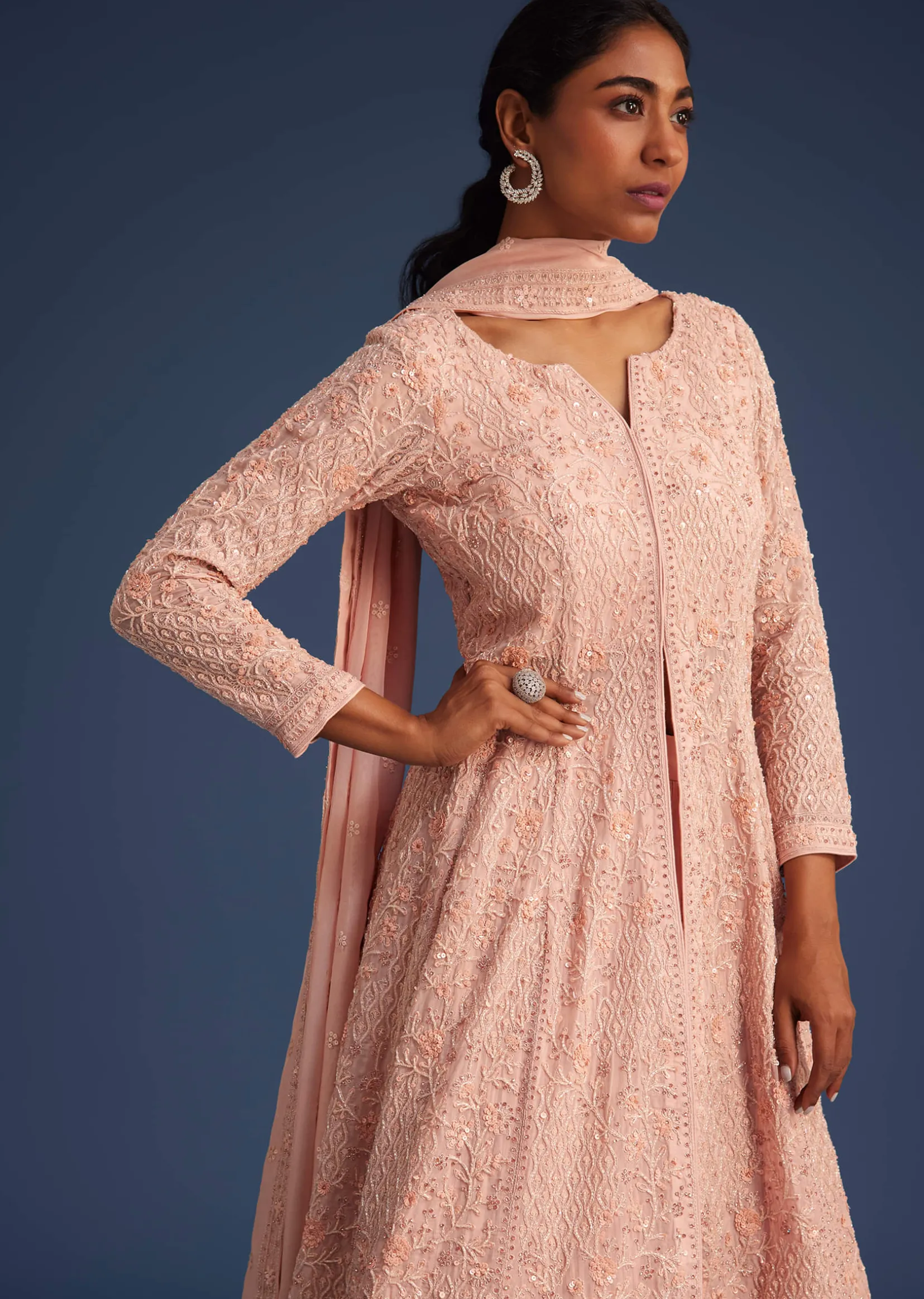 Peach Pink Organza Kurta Set With Chinon Skirt