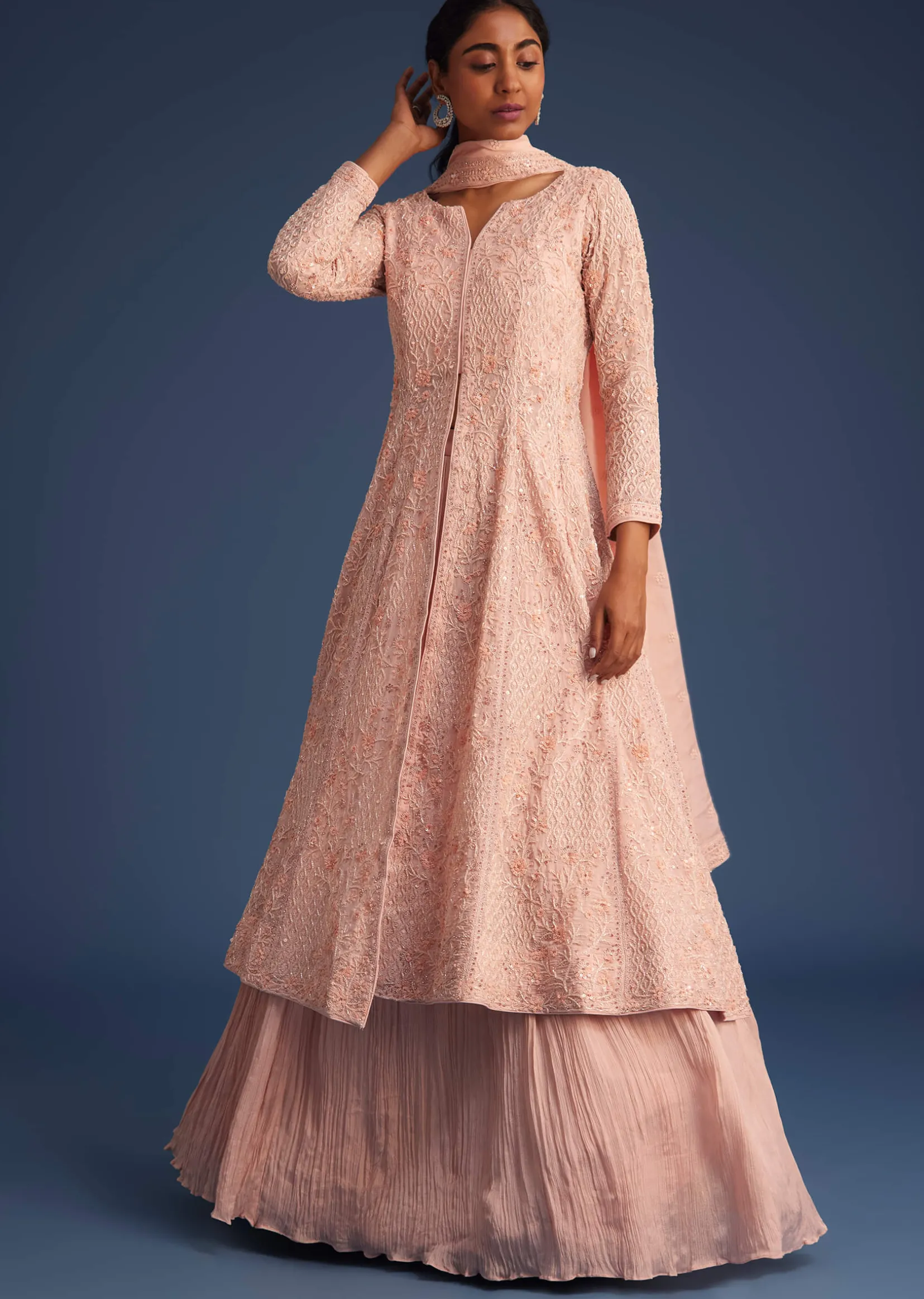 Peach Pink Organza Kurta Set With Chinon Skirt