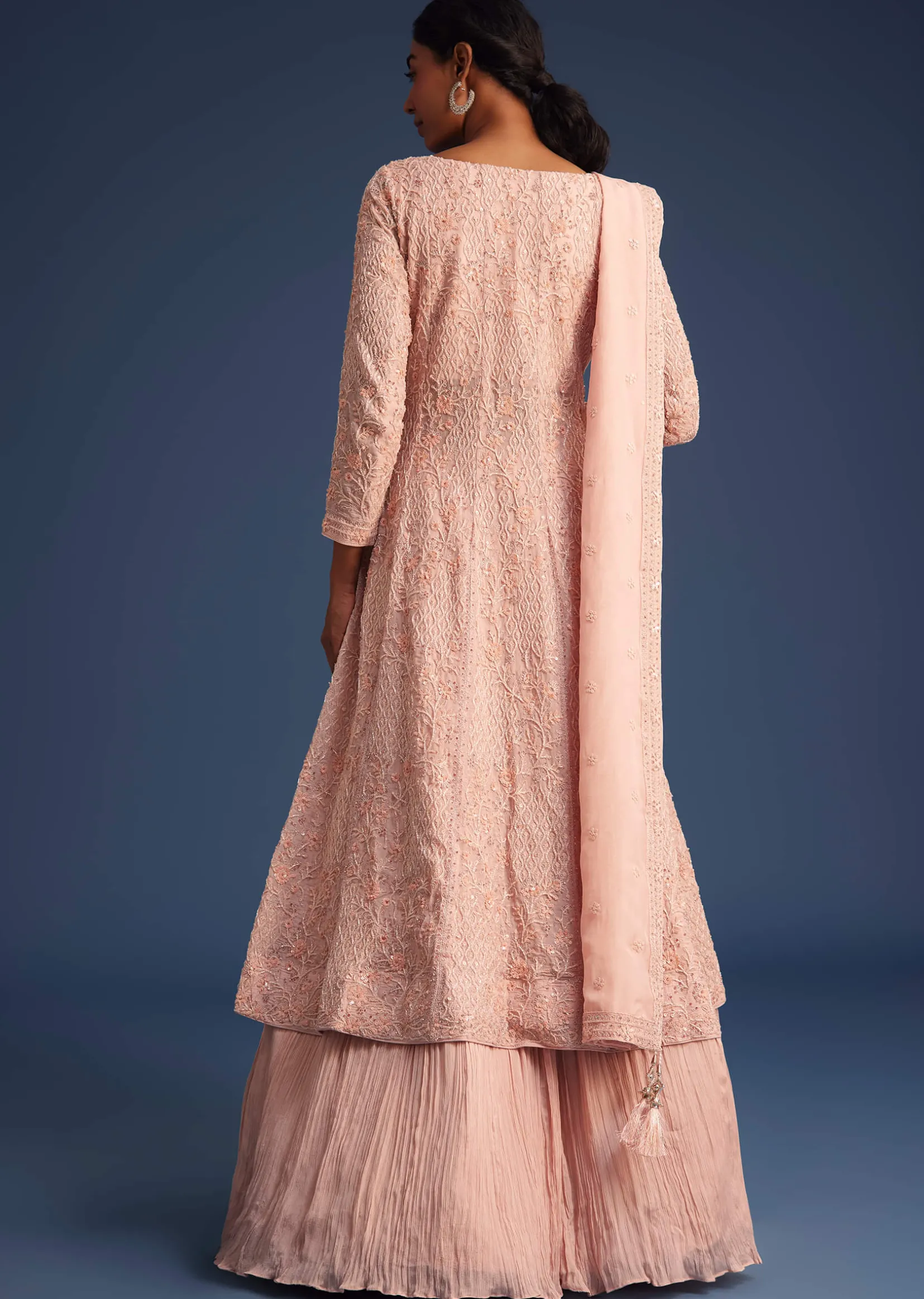 Peach Pink Organza Kurta Set With Chinon Skirt
