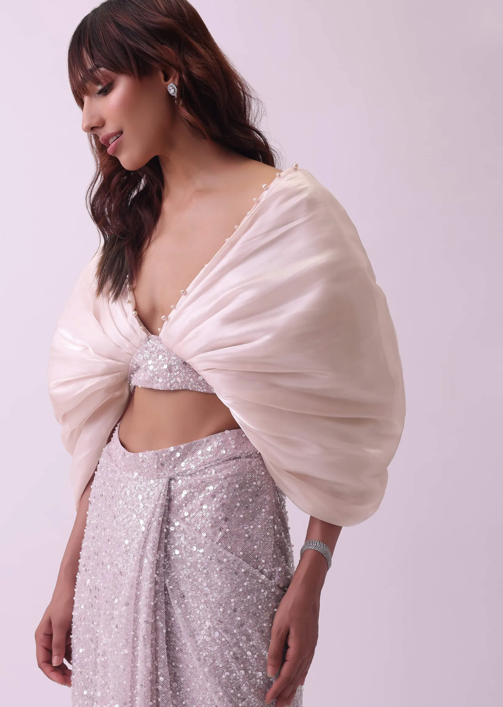 Peach Pink Pre Stitched Saree And Blouse With Pearl Embroidery