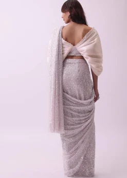 Peach Pink Pre Stitched Saree And Blouse With Pearl Embroidery