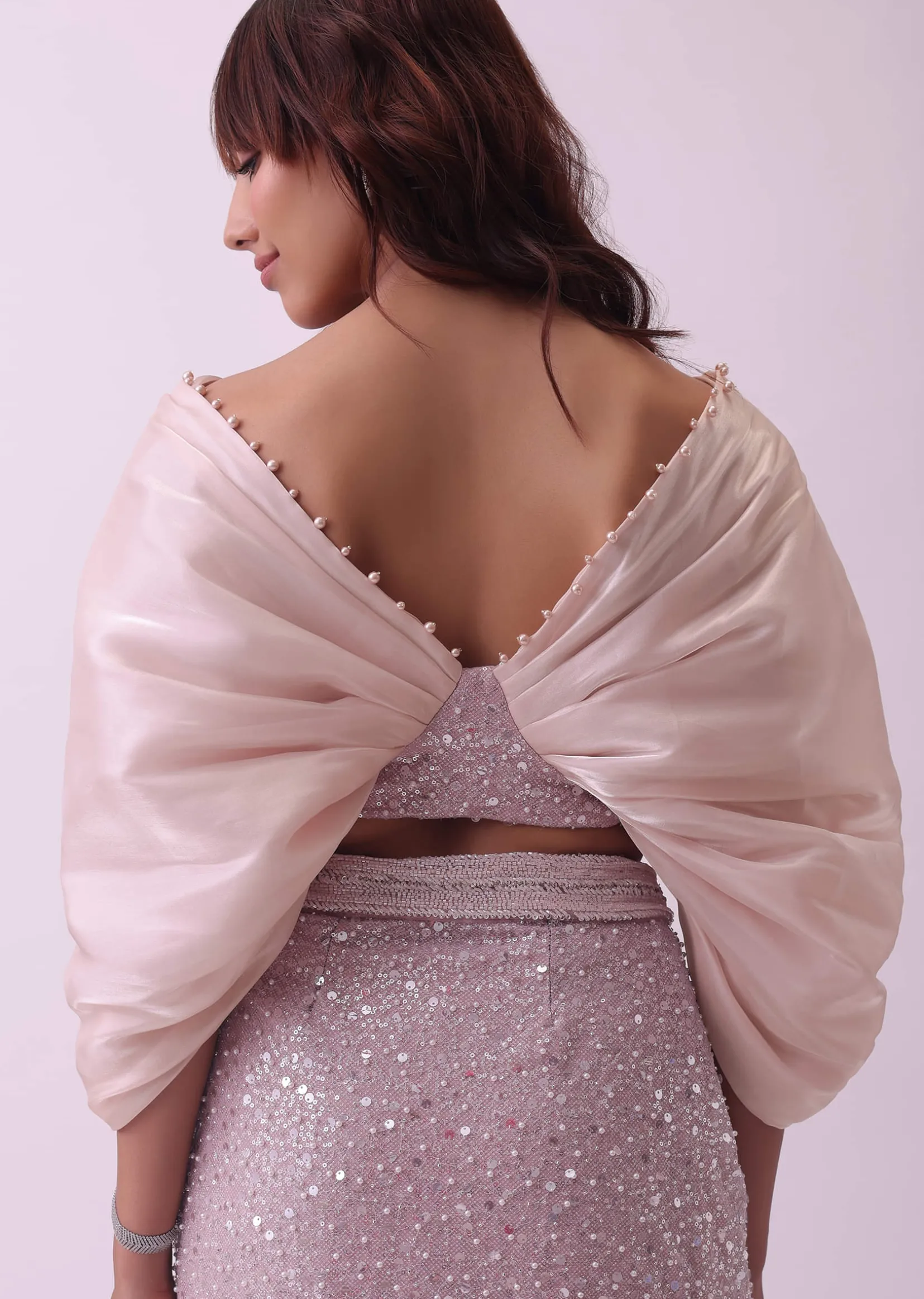 Peach Pink Pre Stitched Saree And Blouse With Pearl Embroidery
