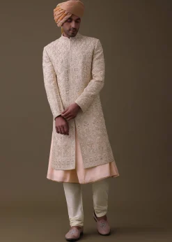 Peach Pink Sherwani Set In Silk With Resham And Cut Dana Work