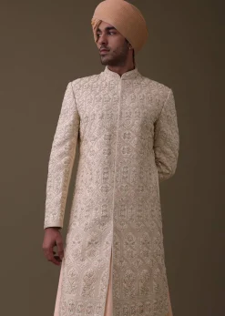Peach Pink Sherwani Set In Silk With Resham And Cut Dana Work