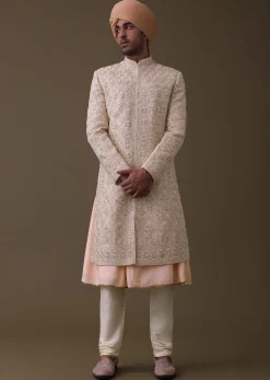 Peach Pink Sherwani Set In Silk With Resham And Cut Dana Work