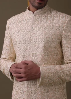 Peach Pink Sherwani Set In Silk With Resham And Cut Dana Work