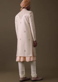 Peach Pink Sherwani Set In Silk With Resham And Cut Dana Work