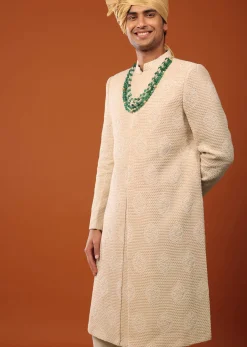 Peach Pink Sherwani Set In Textured Silk With Embroidery