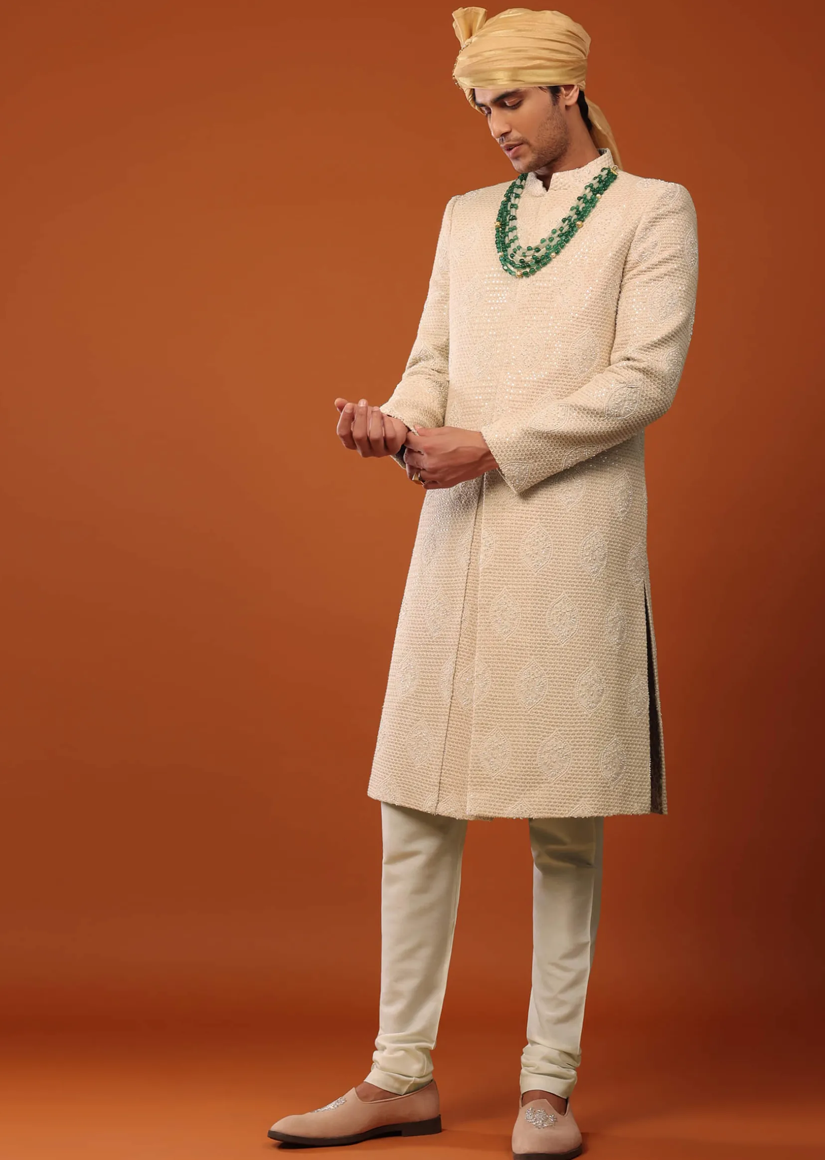 Peach Pink Sherwani Set In Textured Silk With Embroidery