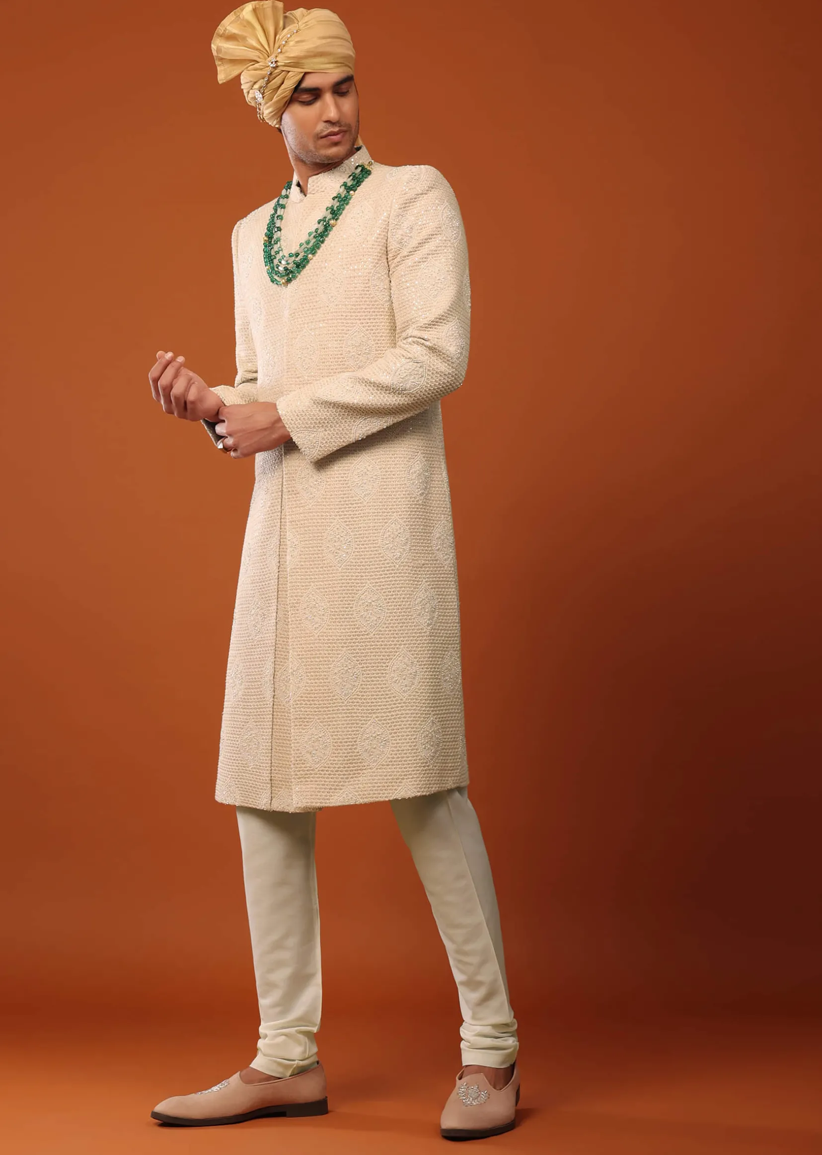 Peach Pink Sherwani Set In Textured Silk With Embroidery