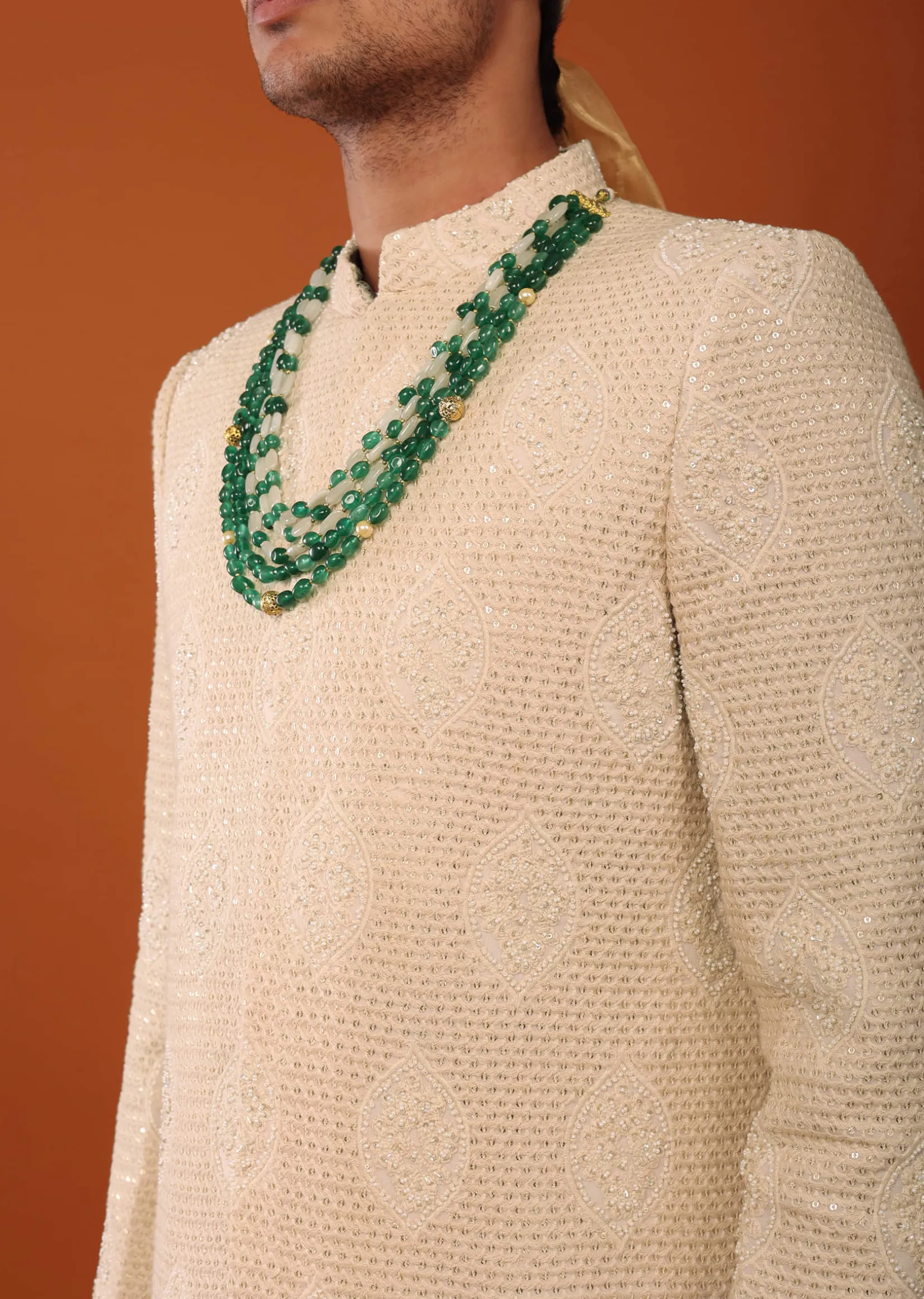 Peach Pink Sherwani Set In Textured Silk With Embroidery