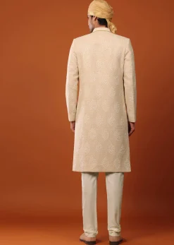 Peach Pink Sherwani Set In Textured Silk With Embroidery