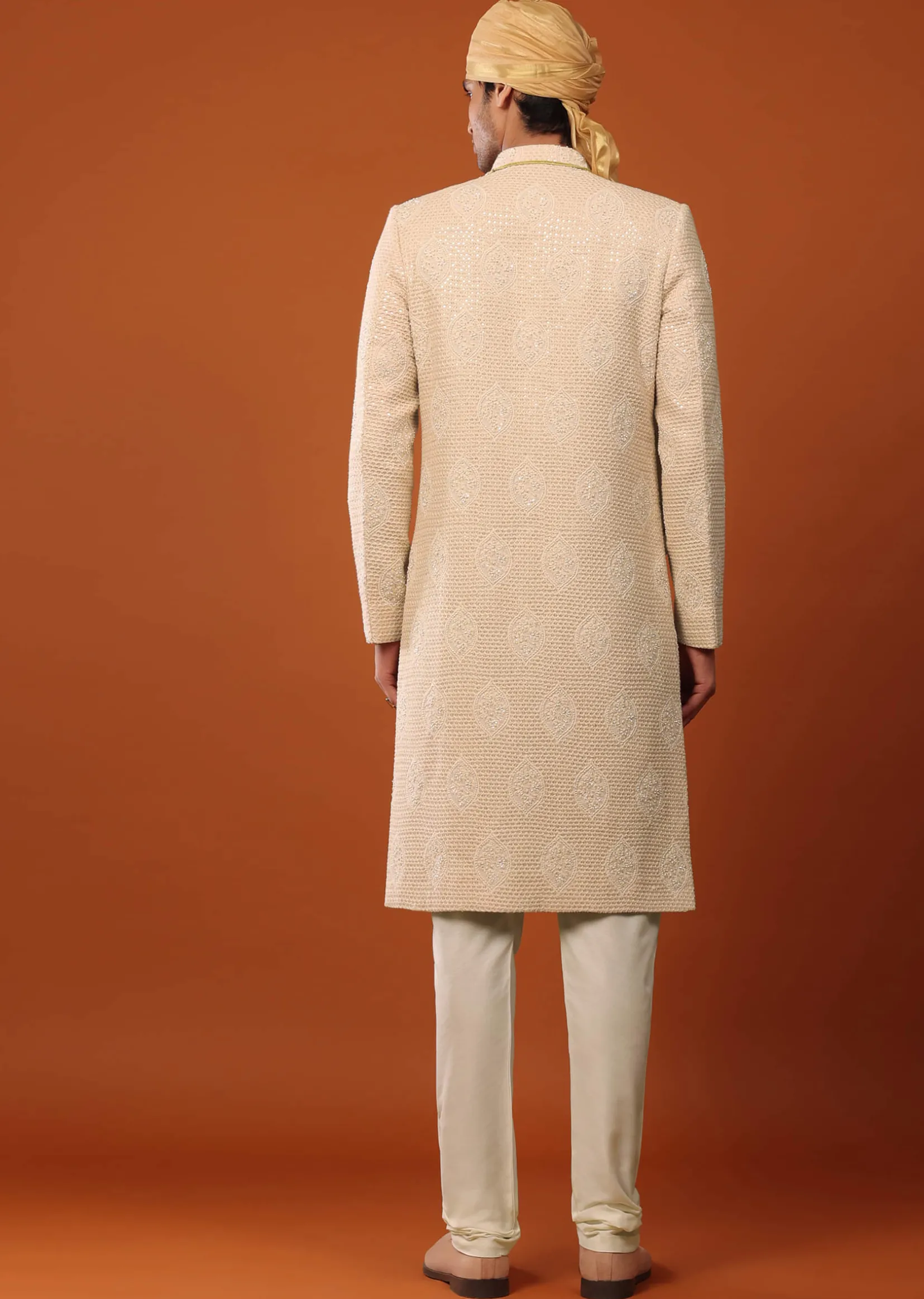 Peach Pink Sherwani Set In Textured Silk With Embroidery