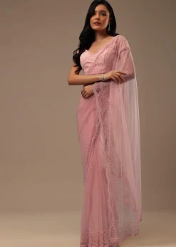 Peach Pink Stone And Beads Embellished Net Saree