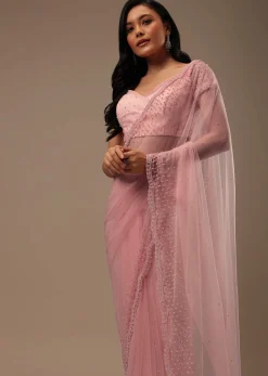 Peach Pink Stone And Beads Embellished Net Saree