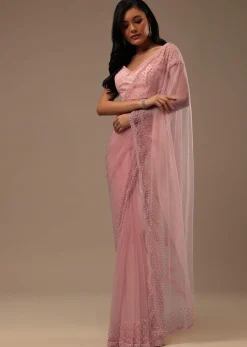 Peach Pink Stone And Beads Embellished Net Saree
