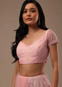 Peach Pink Stone And Beads Embellished Net Saree