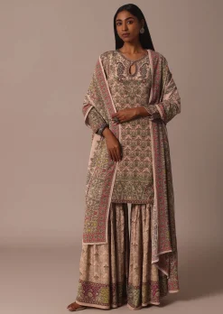 Peach Printed Embellished Kurta Palazzo Set