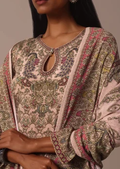 Peach Printed Embellished Kurta Palazzo Set