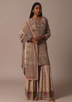 Peach Printed Embellished Kurta Palazzo Set