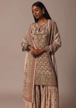 Peach Printed Embellished Kurta Palazzo Set