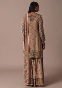 Peach Printed Embellished Kurta Palazzo Set