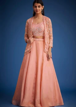 Peach Raw Silk Embroidered Jacket Lehenga Set