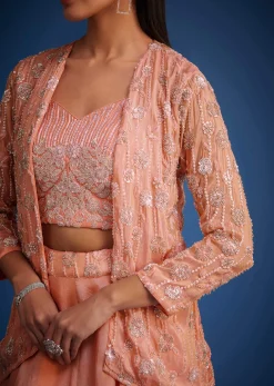 Peach Raw Silk Embroidered Jacket Lehenga Set