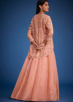 Peach Raw Silk Embroidered Jacket Lehenga Set