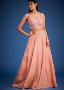 Peach Raw Silk Embroidered Jacket Lehenga Set