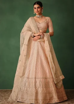 Peach Raw Silk Lehenga Set With Hand Embroidery