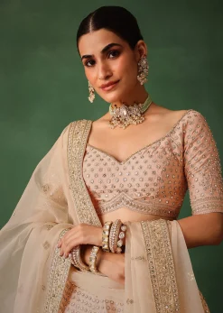 Peach Raw Silk Lehenga Set With Hand Embroidery