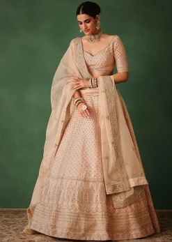 Peach Raw Silk Lehenga Set With Hand Embroidery