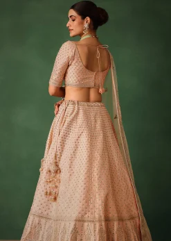 Peach Raw Silk Lehenga Set With Hand Embroidery