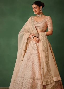 Peach Raw Silk Lehenga Set With Hand Embroidery