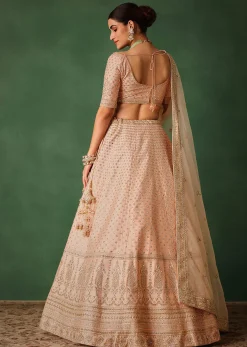 Peach Raw Silk Lehenga Set With Hand Embroidery