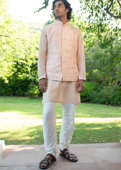 Peach Raw Silk Resham Zardosi Handwork Kurta Jacket Set