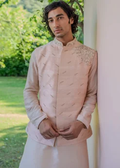 Peach Raw Silk Resham Zardosi Handwork Kurta Jacket Set