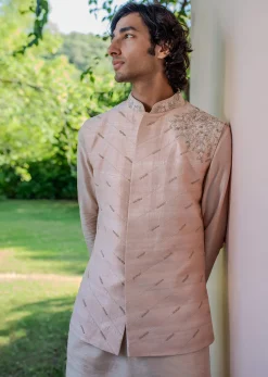 Peach Raw Silk Resham Zardosi Handwork Kurta Jacket Set