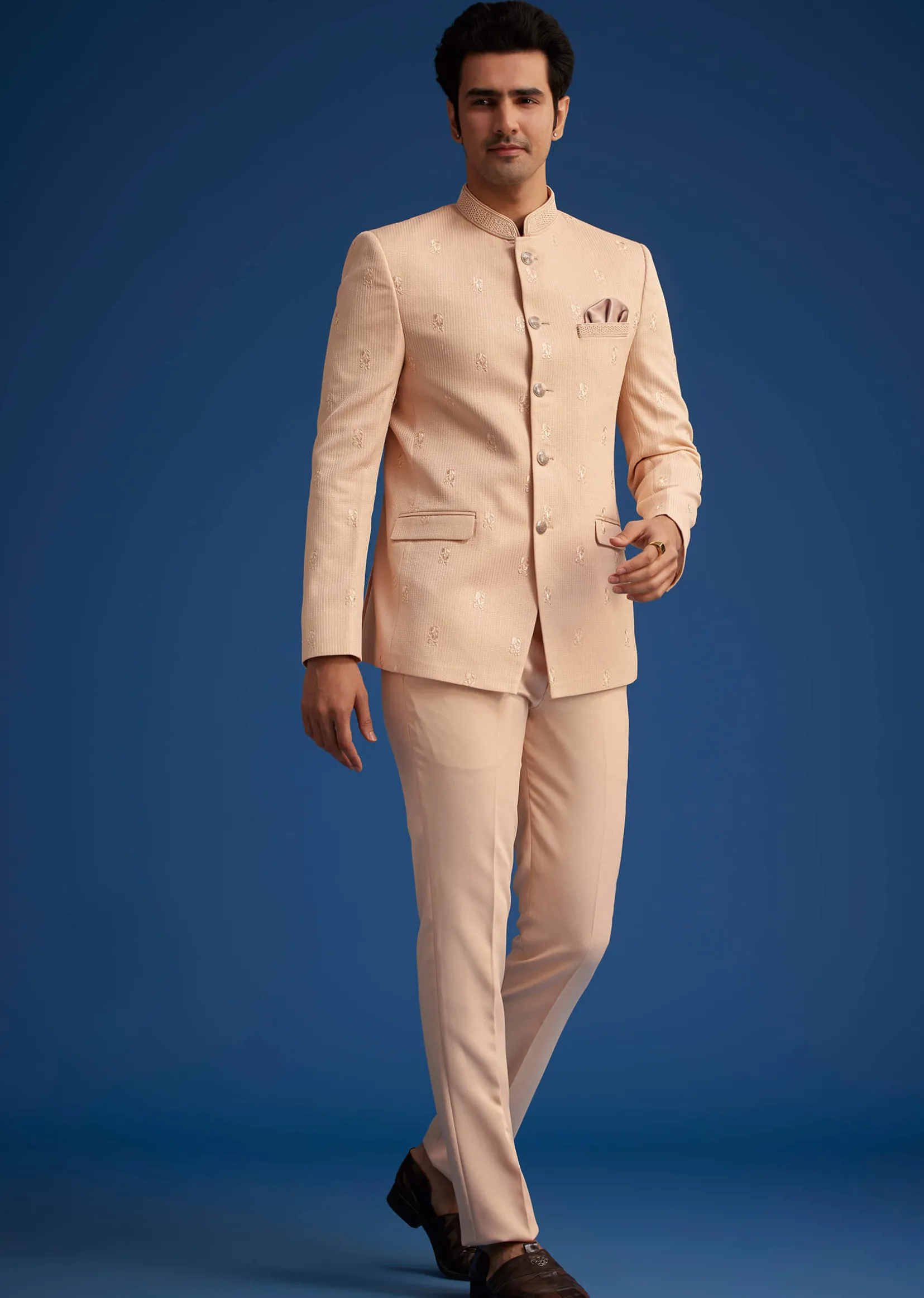 Peach Rayon Jodhpuri With Self Embroidery