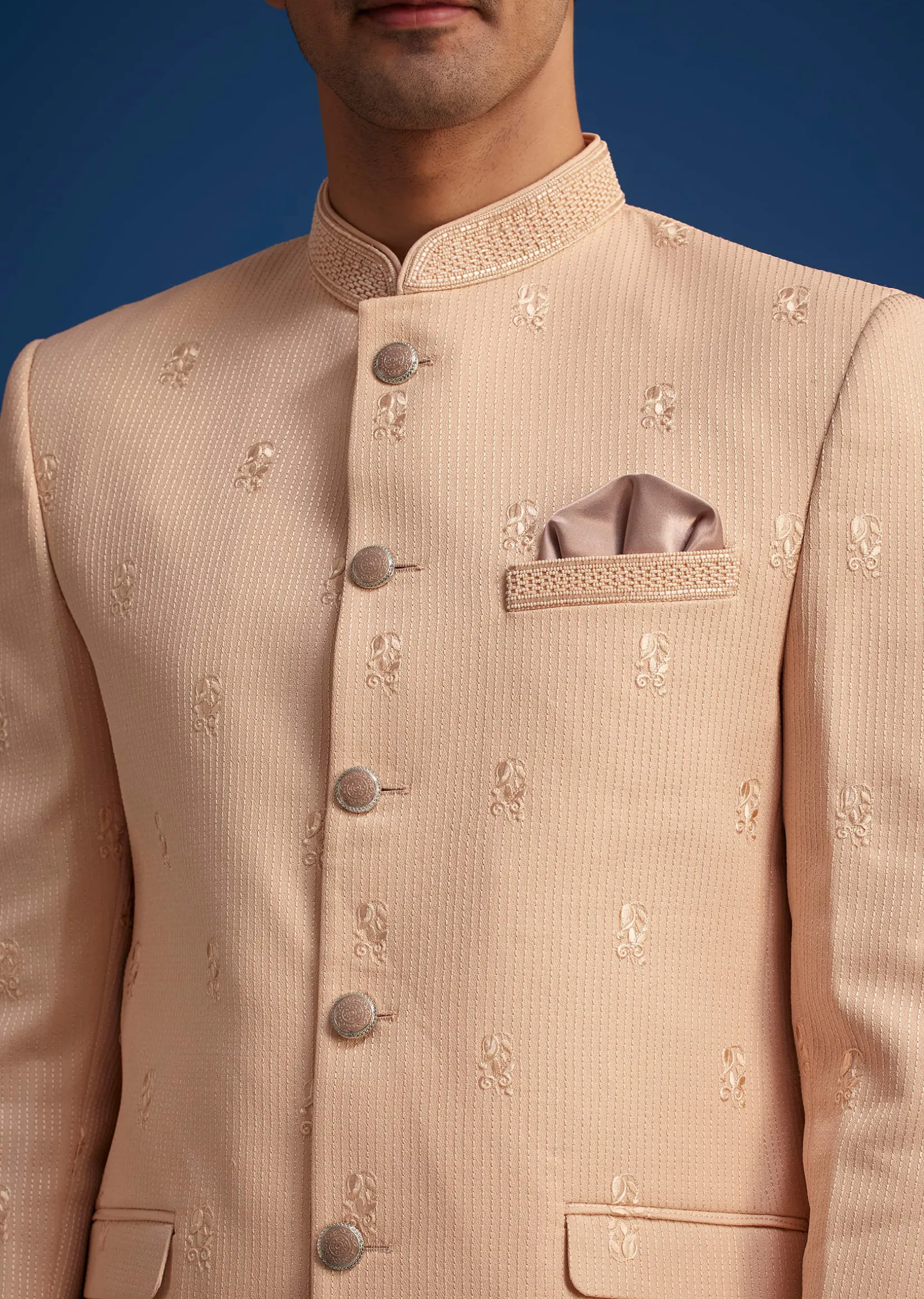 Peach Rayon Jodhpuri With Self Embroidery