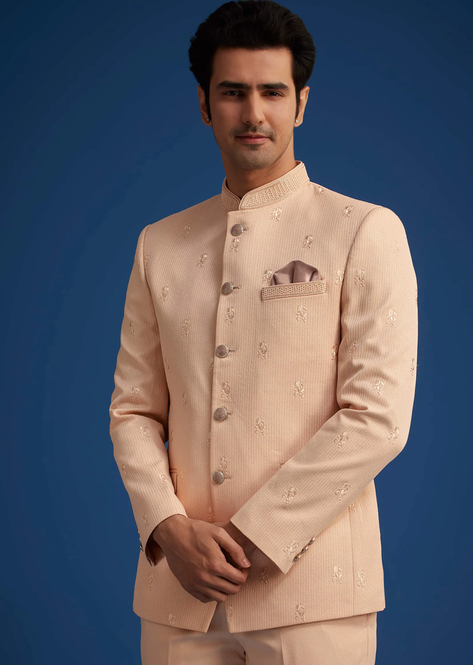 Peach Rayon Jodhpuri With Self Embroidery