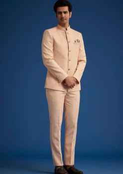 Peach Rayon Jodhpuri With Self Embroidery